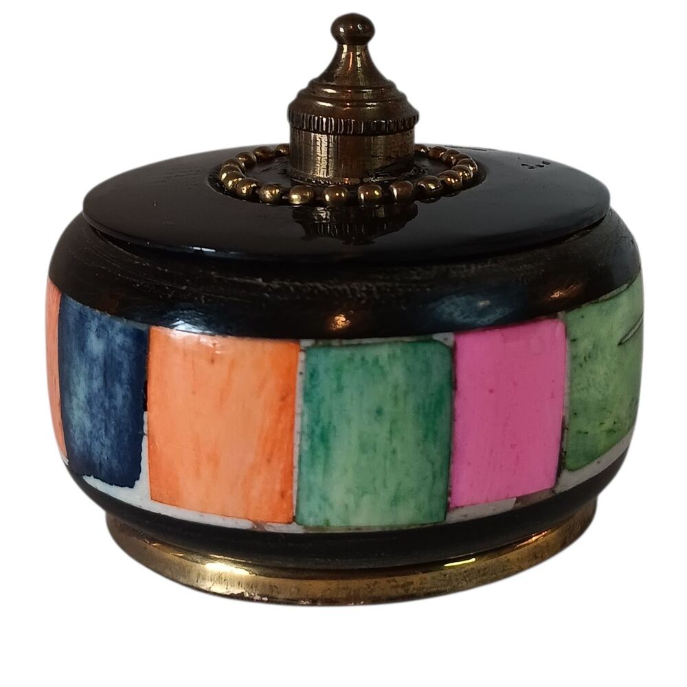 Trinket Box Wood & Brass W/ Multicolor Inlay Rectangle Panels India 2" x 1.5"
